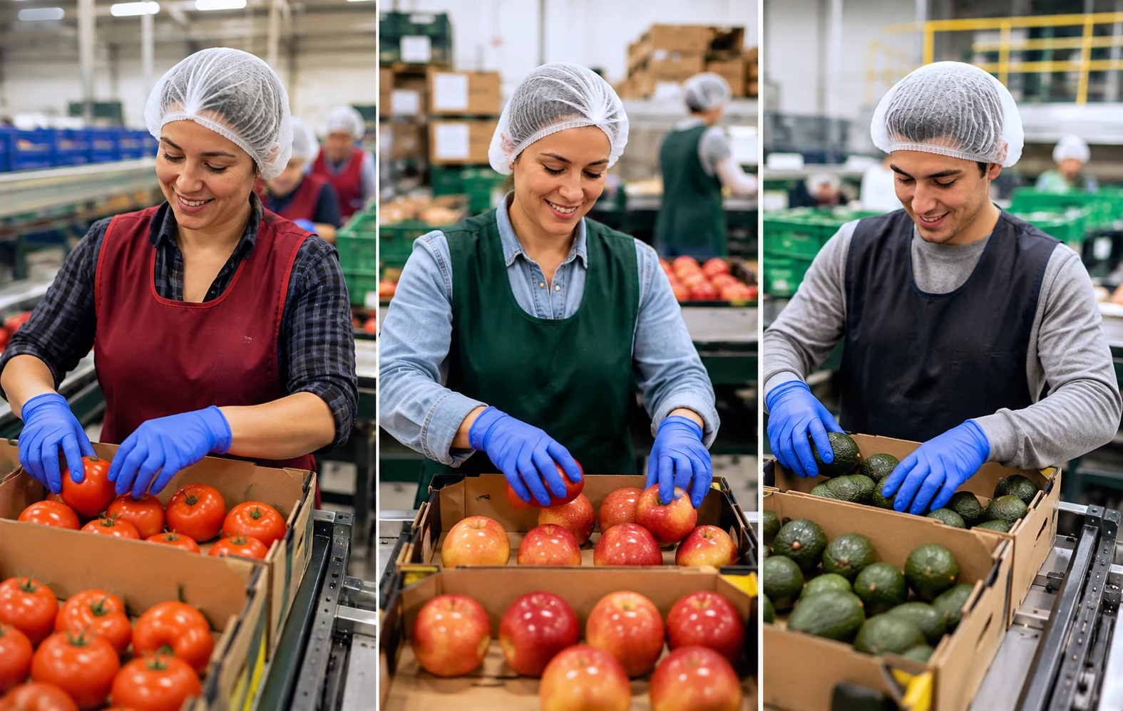 Equipo de producción clasificando tomates, manzanas y aguacates